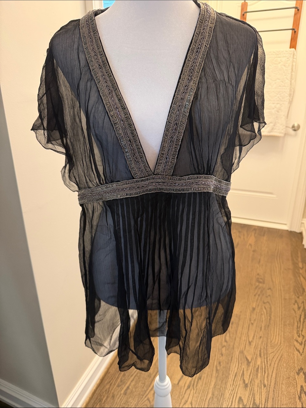 Elie Tahari Sheer Black V-Neck Tunic with Embroidered Trim